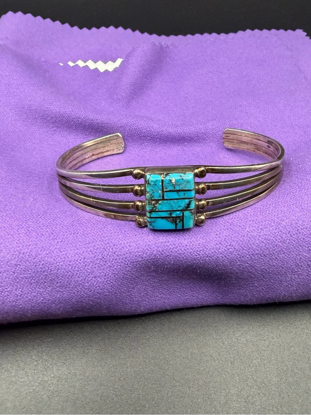 Vintage Sterling J. Morris Native Navajo Turquoise Inlay Cuff Bracelet 925 Sz 6